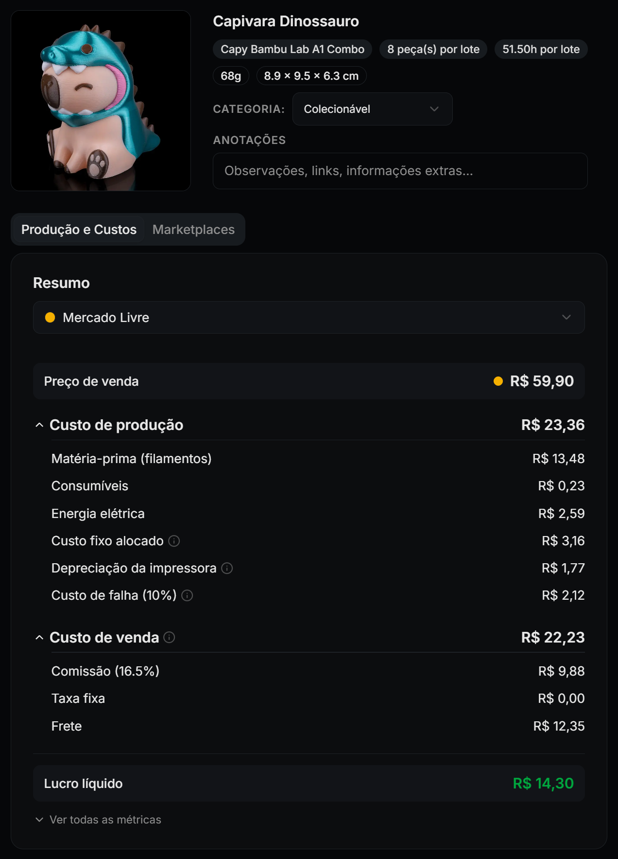 PrintHub — detalhe do produto com análise completa de custos e margens